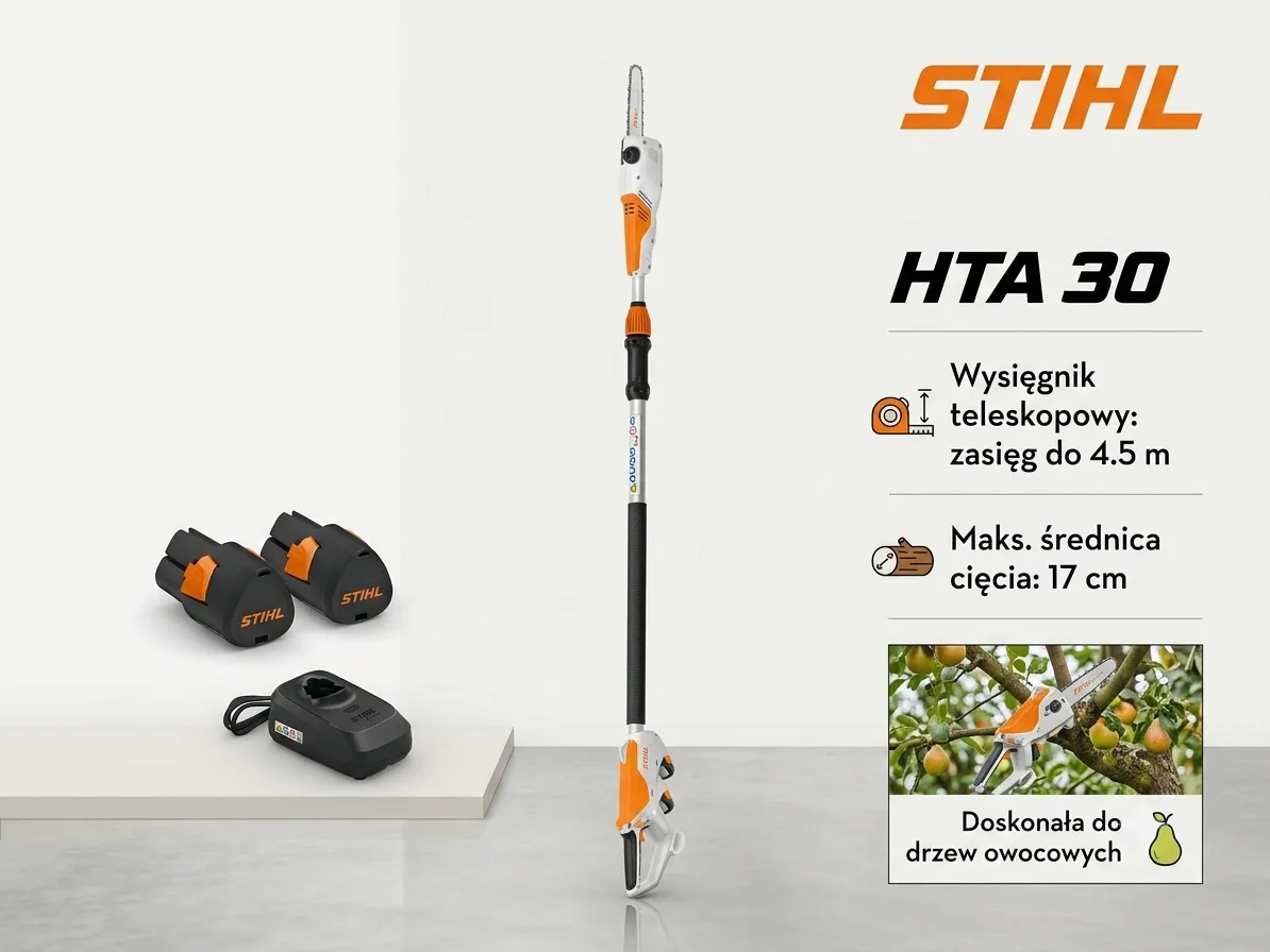 STIHL HTA 30 — akumulatorowa podkrzesywarka na wysięgniku teleskopowym w zestawie